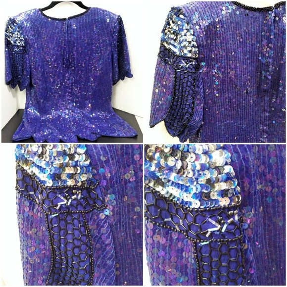Vintage 80s Stenay India Silk Sequin Blouse Beaded Top Ladies-M Flower Leaf Blue - Picture 6 of 12
